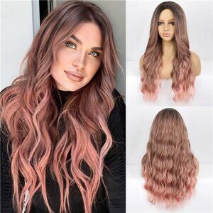 Pink Wig Long Wavy Wig For Women Middle Part Wavy Wigs Synthetic Heat Resistant